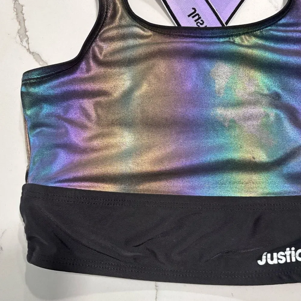 Justice Sport Girls Black Shimmery Takini Swim Top Bikini Size S 7/8 Sports Bra